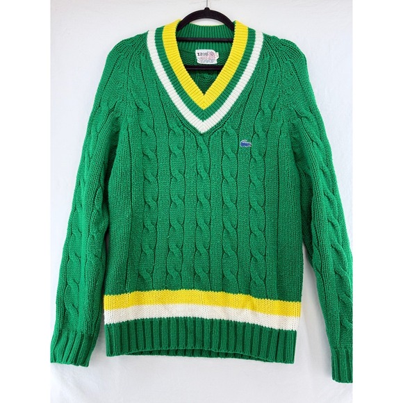 Vintage Izod Lacoste Mens Green Cable Knit V-Neck Cricket Sweater Large L